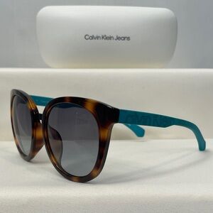 Calvin Klein J Tortoise Cat-Eye Sunglasses w/ Gray Lenses and Teal Logo Temples
